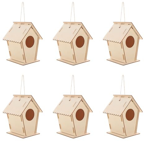 LRXIYODE Kit Casette per Uccelli in Legno da Costruire e Dipingere Set 6 Pezzi con Spago per Appendere Casette Piccole Non Verniciate per Progetto Creativo di Falegnameria per Giardino
