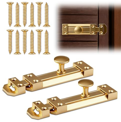 2Pack Brass Door Bolt Lock 5-inch(120mm) Polished Brass Door Bolt Surface Mounted Internal Sliding Door Lock for Securing Internal Doors for Bedrooms Bathrooms Cupboards and Storage Units with 12Srews