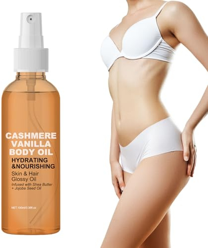 Vanilla Cashmere Body Oil, ljusande och fuktgivande kroppsolja med sheasmör och jojobaolja, närande massage oljespray för hud och hår, för alla hudtyper (1 st.)