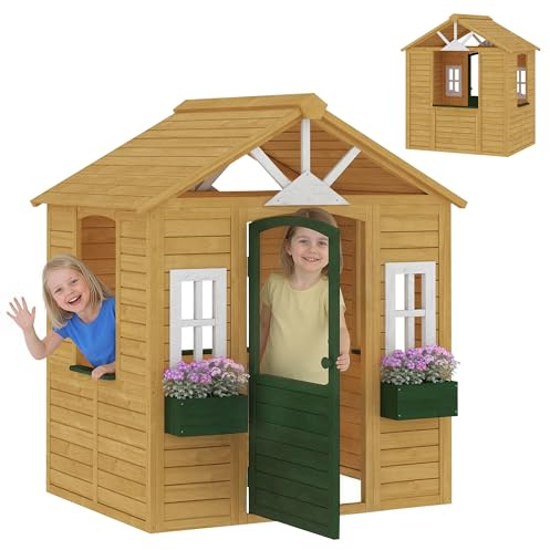 AIYAPLAY Kinderspielhaus aus Holz Outdoor mit Tür 134,5 x 97 x 150 cm Braun | Spielhaus mit 3 Fenster, 2 Blumenkästen, Gartenhaus, für Kinder von 3-8 Jahren