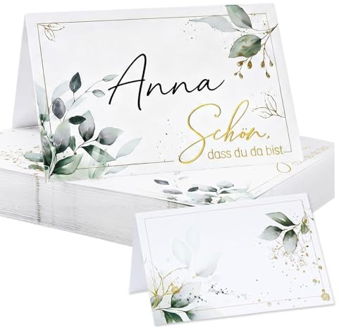 Gemejutor 100 Stück Tischkarten Hochzeit mit Eukalyptus-Design, Goldakzent Schön, DASS du da bist Schriftzug, hochwertige Platzkarten für Hochzeit, Geburtstag, Konfirmation, Kommunion,Taufe, Party