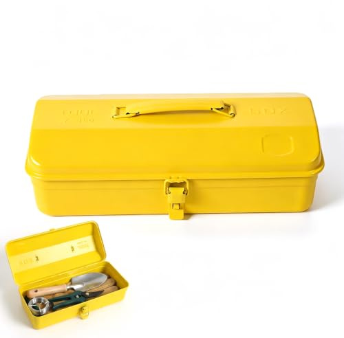Verktygslåda metall verktygslåda stor storlek 37 × 16 × 12 cm, robust hållbar metallverktygslåda, transportväska med bärhandtag och lås, universell förvaring för tillbehör (gul)
