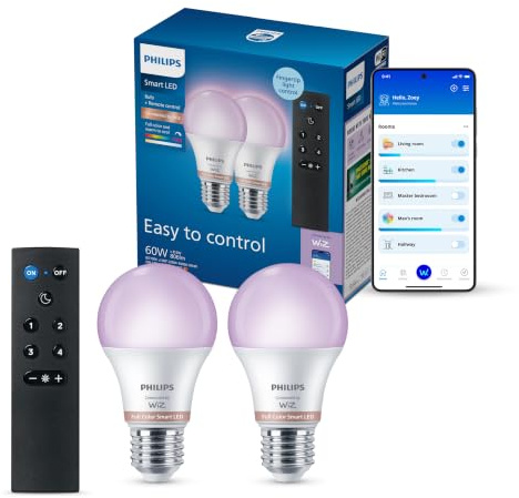 Philips Smart Lighting, 2 Smart LED RGB A60-Lampen mit Fernbedienung, E27-Sockel, 806 lm, farbiges und weißes Licht (2200–6500 K), niedrig dimmbar, kompatibel mit WiZ, Alexa, Google Home, Apple Home