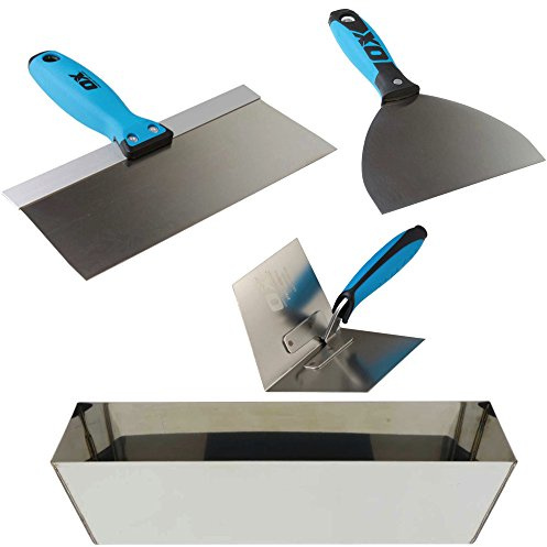 OX Pro Drywall Finishing Tool Set with Stainless Steel Mud Pan, Taping/Joint Knife Combo, Inside Corner Trowel