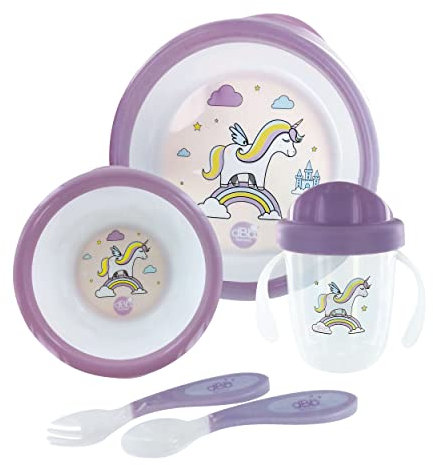 dBb Remond Coffret Repas Bébé - 5 Pièces : 1 Assiette & 1 Bol 250 ml à Bases Antidérapantes, 1 Tasse Anti-Fuites 210 ml, 1 Fourchette & 1 Cuillère – 1er âge, dès 6 Mois - Décor Licorne