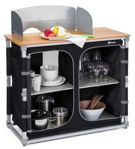 Berger| Cucina da Campeggio - Cucinotto da Campeggio con Ripiano di Lavoro in Bambù, Resistente all'acqua con Ripiani Portaoggetti, Mobile Cucina da Esterno con Paravento, Borsa per Trasporto Inclusa