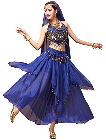 ORIDOOR Women Belly Dance Dress Set Crop Top Padded Bra Top Sparkling Belly Dance Chiffon Skirts with Coins 5-Piece Outfit 02 Royal Blue …