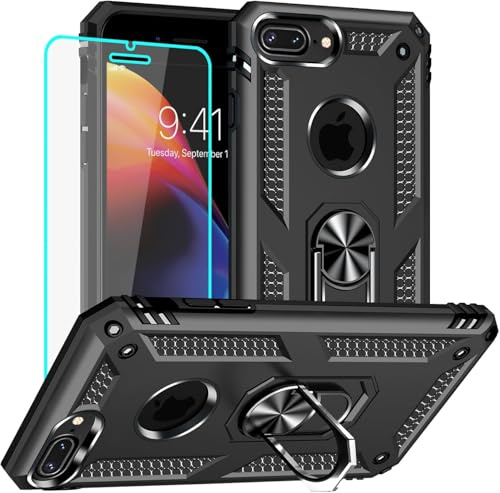 Yiakeng iPhone 8 Plus Hülle, iPhone 7 Plus Hülle mit Schutzfolie, Stoßfest Schutzhülle Mit Ring Standfunktion Case Cover für iPhone 8 Plus/7 Plus (Schwarz)