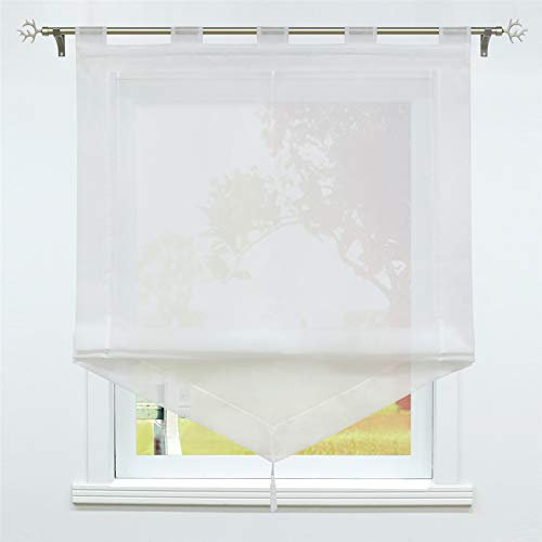 SCHOAL Raffrollo mit Schlaufen Transparente Raffgardine Landhaus Schlaufenrollo Gardinen Voile mit Quaste 1 Stück BxH 80x140cm Weiß