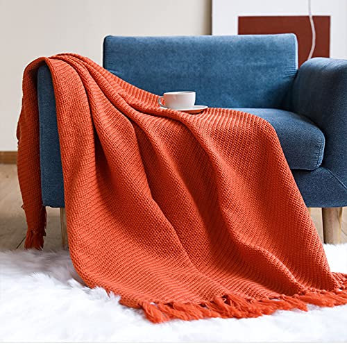 Zoomlie Gelb gestreifte Strickdecke mit dekorativen Fransen, Quasten, weiche Textur, Plüsch, reine Farbe, wendbare Decke für Betten, Sofas, Couch, Stühle, Einzelgröße (Orange, 1)