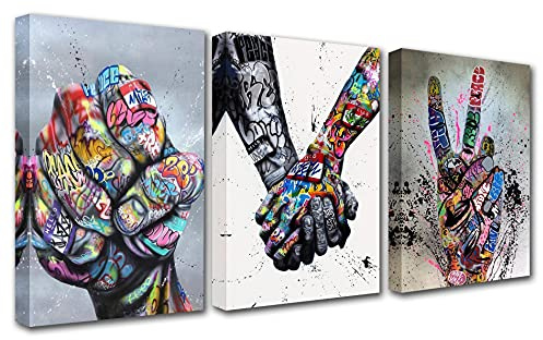 Walarky Norse Decor Abstraktes Graffiti-Bild, Liebhaber halten Hände, Malerei, Banksy, Straßenkunst für Männerhöhle, 3 Paneele, Leinwand, Wandkunst, HD-Drucke, Heimdekoration, gerahmt, Giclée