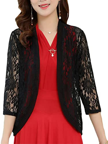 Yesgirl Boléro Femme Dentelle Cardigan Manches 3/4 Elégant Veste Ouverte Été Casual Bolero Tops Gilet Chic pour Mariage Grande Taille Noir XL
