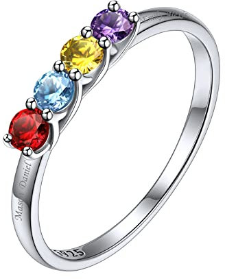 Silvora Damen Fingerring S925 Silber 4 Geburtsstein Ring mit 4 Namen Gravur Schlichter Schmaler Namen Siegelring Eternity Ring Ewigkeitsring Memoire Hochzeitsring in Silber Ringgröße 64（20.5）