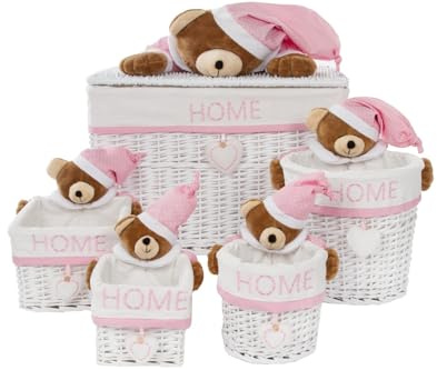 My Flair Wäschekorb Set Weide 5-teilig - Sleepy Bear Kinder | Weidenkorb-Set in Weiß/Rosa mit Teddybär-Design – ideal für Kinderzimmer, Bad & Picknick