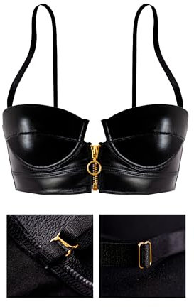LOVE YOU SEXY Women PU Faux Leather Balconette Bra with Front Zipper-Open Black 34B