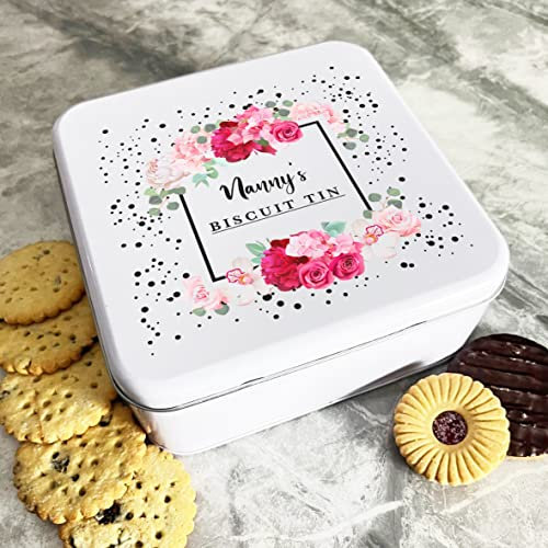 Fingerprint Designs Personalised Square Black Dots Pink Roses Nanny's Cake Treat Sweets Biscuit Tin