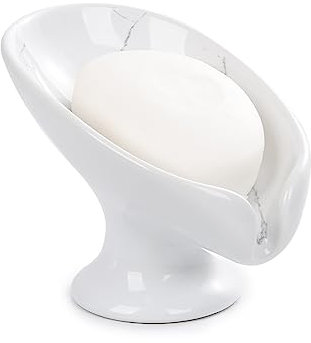 Umlaca Seifenschale, Keramik Seifenhalter, Selbstentleerende Seifendose Halten die Seife Trocken, Blattform Seifenablage Vintage, Geeignet für Küche, Bad, Dusche, Waschbecken (Marmor Weiß Grau)