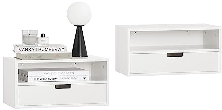 SoBuy Lot de 2 Table de Chevet Murale, Table de Nuit Flottante avec Tiroir et Plateau, Étagère Murale pour Chambre à Coucher, L 45 x P 25 x H 22 cm, Blanc, NKD03-Wx2