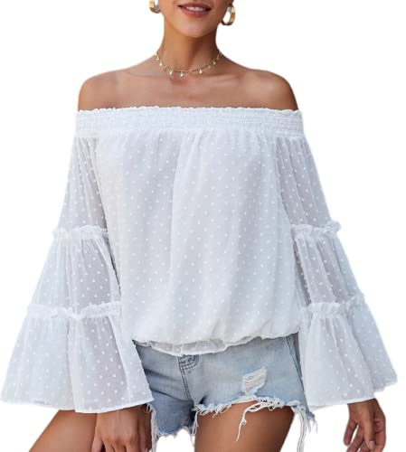 MQYXGS Donna con Spalle Scoperte Manica a Campana Swiss DOT Top Svasato Camicetta Allentata Casual Tinta Unita con Spalle Scoperte Camicia a Maniche Lunghe con Volant in Chiffon T-Shirt (A-Bianco/S)