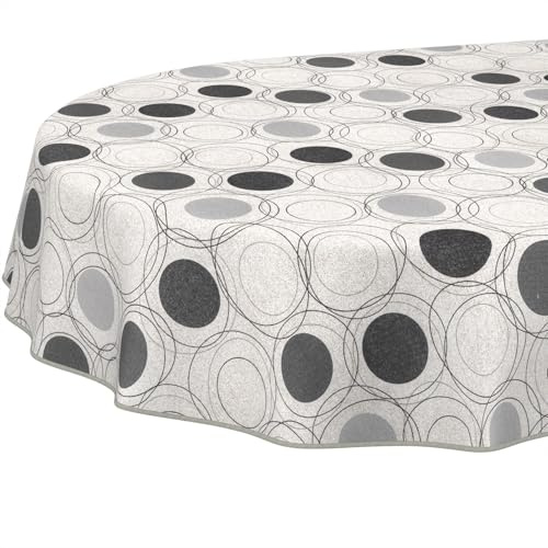 ANRO Tischdecke abwaschbar Kreise Grau mit Saum oval 180x140 cm Tischwäsche | mit Saum eingefasst – schmutz- & wasserabweisend, pflegeleicht – waschbar bei 30 °C – ideal für Garten, Terrasse & Esszimmer