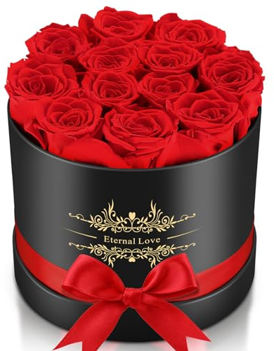 12 Flower Forever in Elegant Box, 100% Preserved Real Rose Last Up to 3 Years, Eternal Rose Preserved Flowers for Delivery Prime Valentines Mothers Anniversary Day Birthday Gifts for Women Wife (Red)