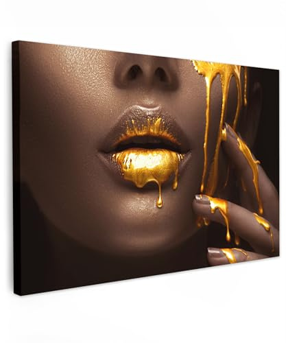 MuchoWow© Bild auf Leinwand Groß XXL Schlafzimmer Bilder Badezimmer Wand | 120x80 cm - Deko Wohnzimmer Modern Wanddeko Bilderwand Geschenk Frau - Gold - Farbe - Lippen - Porträt