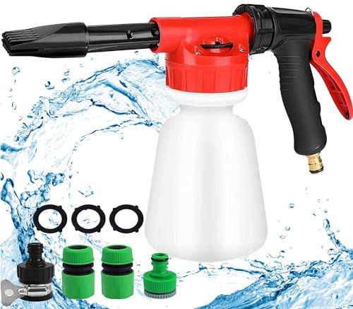 XFLYP Garden Hose Spray Gun, 1L Snow Foam Gun Sprayer with Anti-Slip Handle, Water Foam Gun with Reservoir Adjustable Car Cleaning Lance for Soap Fertiliser Fit Universal Hose for Pets(Add 4 adapters)
