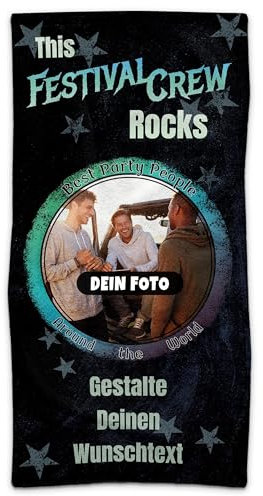 Print Royal PR Personalisiertes Handtuch mit Spruch - Festival Crew - mit Foto und Text Bedrucken | Badetuch selbst gestalten, Persönliches Geschenk für Freunde - 140 x 70 cm