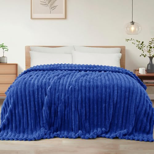 Exclusivo Mezcla Coperta Plaid Pile di Flanella per Divano, 230x270 CM Coperta Letto Matrimoniale con Righe Jacquard, Accogliente e Leggero, Blu cobalto