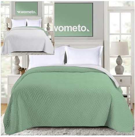 wometo Tagesdecke 220x240 Oeko-TEX Microfaser grün grau im Wende-Design | Bettüberwurf XXL wattiert gesteppt für Doppelbett Sofa Couch Bett