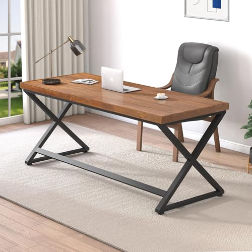 IBF Scrivania in vero legno, rustica in legno massello, scrivania da lavoro per casa e ufficio, scrivania industriale naturale per studio, scrivania in metallo e legno, tavolo per computer per camera