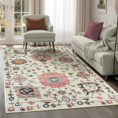 artyrugs Machine Washable Rug, 122x170cm, 75% Recycled Cotton, Short Pile, Non-Slip Backing, Non-Shedding, Suitable for Living Room, Bedroom, Kitchen, Hallway, Office, Dusk Beige & Pink