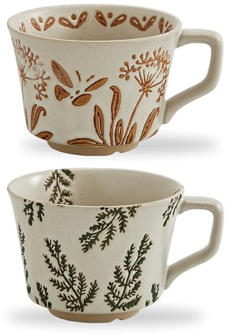 Swuut 350 ml Vintage Ceramic Coffee Mug Set of 2 - Handmade Stoneware Pottery Countryside Farmhouse Fall Autumn Tea Mugs with Big Handle for Latte,Cocoa,Dishwasher & Microwave Safe Cups (Plants)