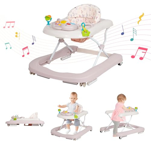 Todeco Lauflernhilfe mit Abnehmbare Spielzeuge, 3 Höheneinstellungen,Lauflernwagen mit hoher Rückenlehne,Einstellbare Geschwindigkeit, zusammenklappbare, Kinder ab 6 Monaten