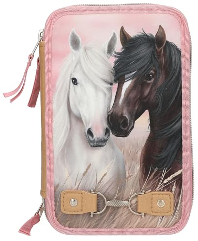 Depesche 13187 Miss Melody Dusty Rose - Gefüllte 3-Fach Federtasche in Altrosa, mit Pferde Motiv und Zier-Verschluss, Federmappe mit Buntstiften, Lineal, Schere UVM.