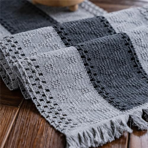 Weldomcor Makramee Baumwollflachs Mesh Tischläufer Grau 30x120cm | Rechteckige Abwaschbar Tischläufer mit Quasten, Boho Vintage Bauernhaus, Ideal für Küche Hochzeit Esszimmer Feierlichkeiten