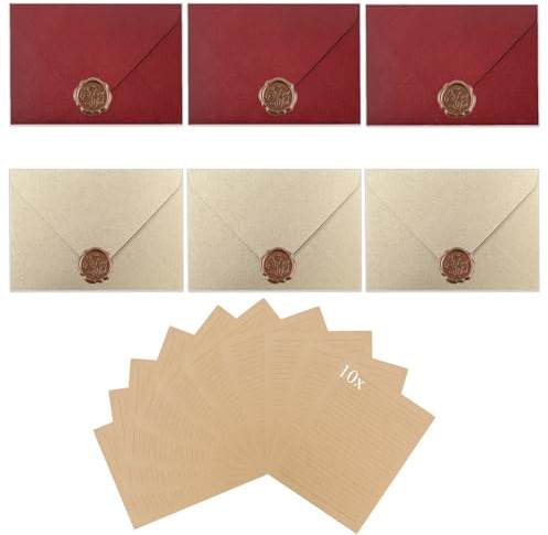 Vintage Briefpapier mit Umschlag, Briefpapier Set mit 10 A5 Altes Papier, 6 Vintage-Papier Umschläge, 6 Wachssiegel-Aufkleber, Schreibpapier Set, Büttenpapier Schreiben Antik Briefumschläge