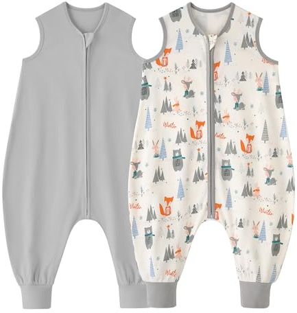 Looxii 2-pack baby sovsäck med fötter 0,5 tog sommarsovsäck 100 % bomull sovsäck baby barn baby sovsäck för pojkar flickor 18–36 månader 80 cm, 0,5 tog grå skog, 80cm/18-36 Monate