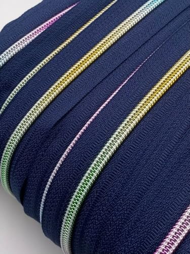 Reißverschluss endlos Spirale Regenbogen 5mm Meterware mit Zipper (Dunkelblau, 5m + 10 Zipper)