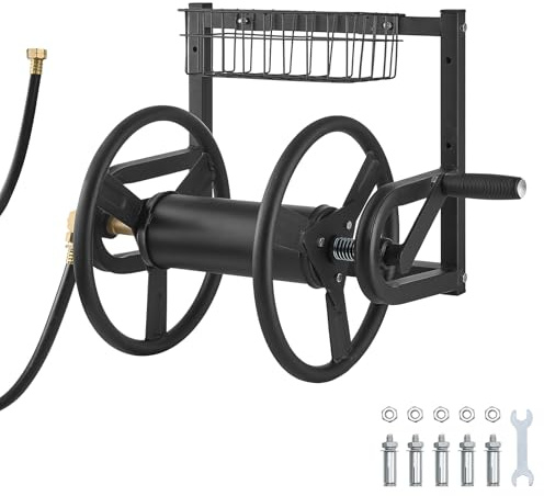 VEVOR Enrouleur de tuyau d'arrosage mural, peut contenir un tuyau de 38,1 m, 1,6 cm, enrouleur de tuyau d'arrosage robuste, design compact, enrouleur manuel extérieur avec raccord en laiton et panier