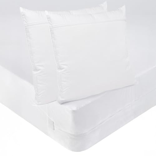 Bleu Câlin Pack Anti-Punaises de Lit - Housse Intégrale Protège-Matelas 140x190 cm + 2 Protège-Oreillers 63x63 cm pour lit 2 Personnes - Fermeture Zippée - Imperméable - Lavable à 90°C