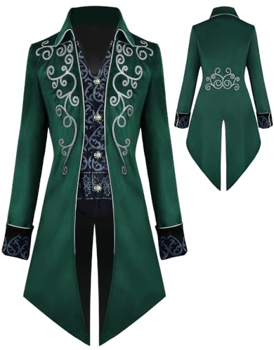 YQVGFBY herr steampunk vintage frack jacka gotisk frack rock karneval dräkt, medeltida kläder män, halloweenkostym (grön, XXL)