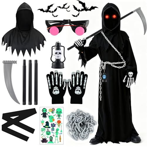 TOYTOPIE Disfraz de Parca de Halloween, Traje de Miedo Niños y Niñas con Guadaña, Gafas Brillantes, Guantes Esqueleto para Fiestas Halloween y Carnaval (5 a 10 Años)