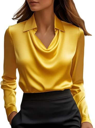 VEMOW Camisas Mujer Blusa Elegante de Satén con Cuello en Solapa Color Sólido Camisa Informal Manga Larga Blusas Suelto Túnica Básica Tops Shirt Casual Oficina Trabajo Fiesta Tops