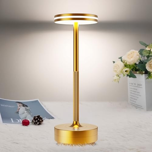 bravzurg Lampada da Tavolo Ricaricabile LED 5000mAh Senza Fili,Comodino | Eye-Protect Luce a USB Batteria Dimmerabile,Impermeabile,3 Modalità di Colore,per Camera da letto/Sala da pranzo(Oro)