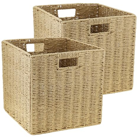 Tsudoku 2 Set of Storage Cube Boxes, Beige | For Closet, 30cm Storage Baskets for Shelves, Wicker Woven Polyrattan Material, Anti-Mould, Easy to Clean