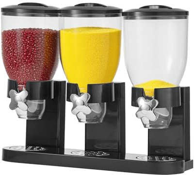 CROWNSHOP Triple Dry Food Cereal Dispenser Black Dry Food Storage Dispenser Kitchen Quick Dispenserfor Cornflakes, Candy, Nuts, Beans, Granola Kitchen Cereal Dispensers