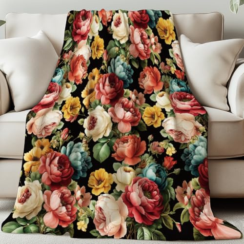 GLOBLELAND Bohemian Style Flowers Throw 59×51 inch Peony Soft Cozy Flannel Blanket Flowers Washable Fuzzy Throw Blanket for Home Office Room Bed Sofa Chair Gift