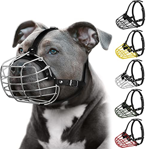 Pitbull Maulkorb für Hunde, Metallmaske, Amstaff sicherer Drahtkorb, verstellbar, langlebig, Lederriemen für große Hunde (Stahl)