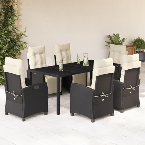 QJBSAVVA 7-TLG Schwarze Garten-Essgruppe 190×90 cm Tisch mit Glasplatte & Poly-Rattan Sessel verstellbar inkl. Cremekissen für Balkon Terrasse